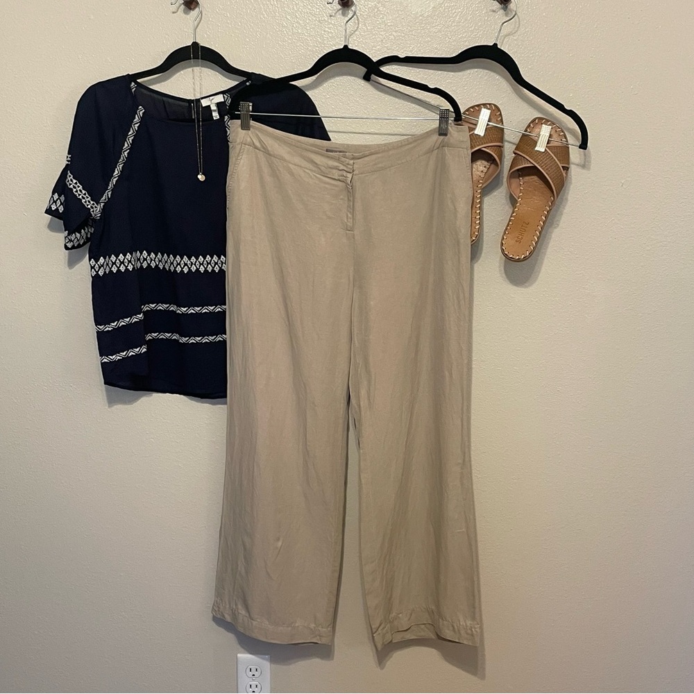 J Jill Wide Leg Linen Blend Khaki Pants Size 14 Petite Lightweight Comfortable